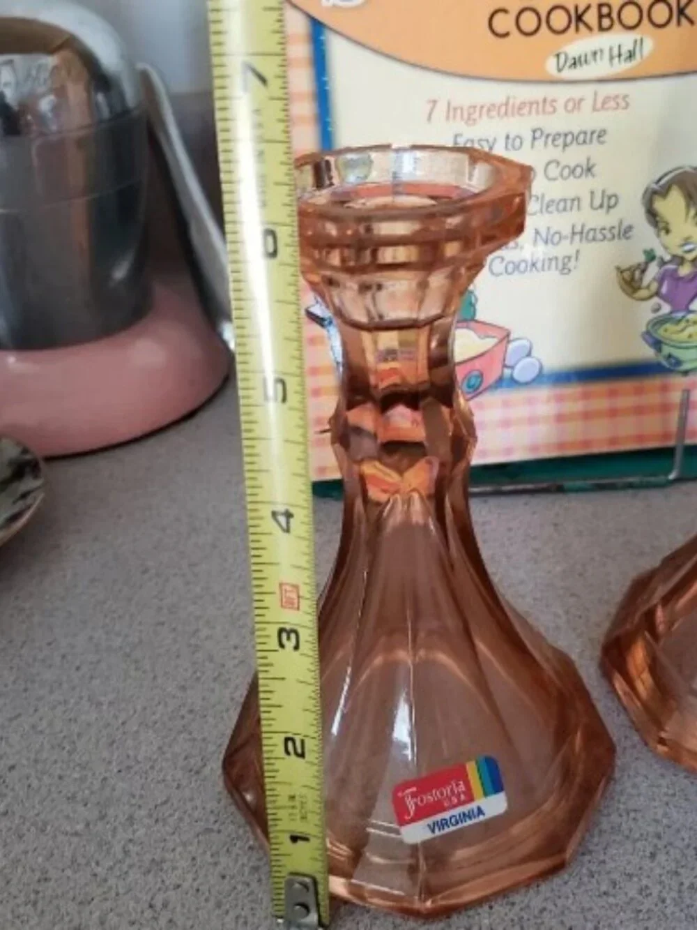 2 Peach Vintage FOSTORIA GLASS Heavy Pressed Glass CANDLESTICK HOLDERS